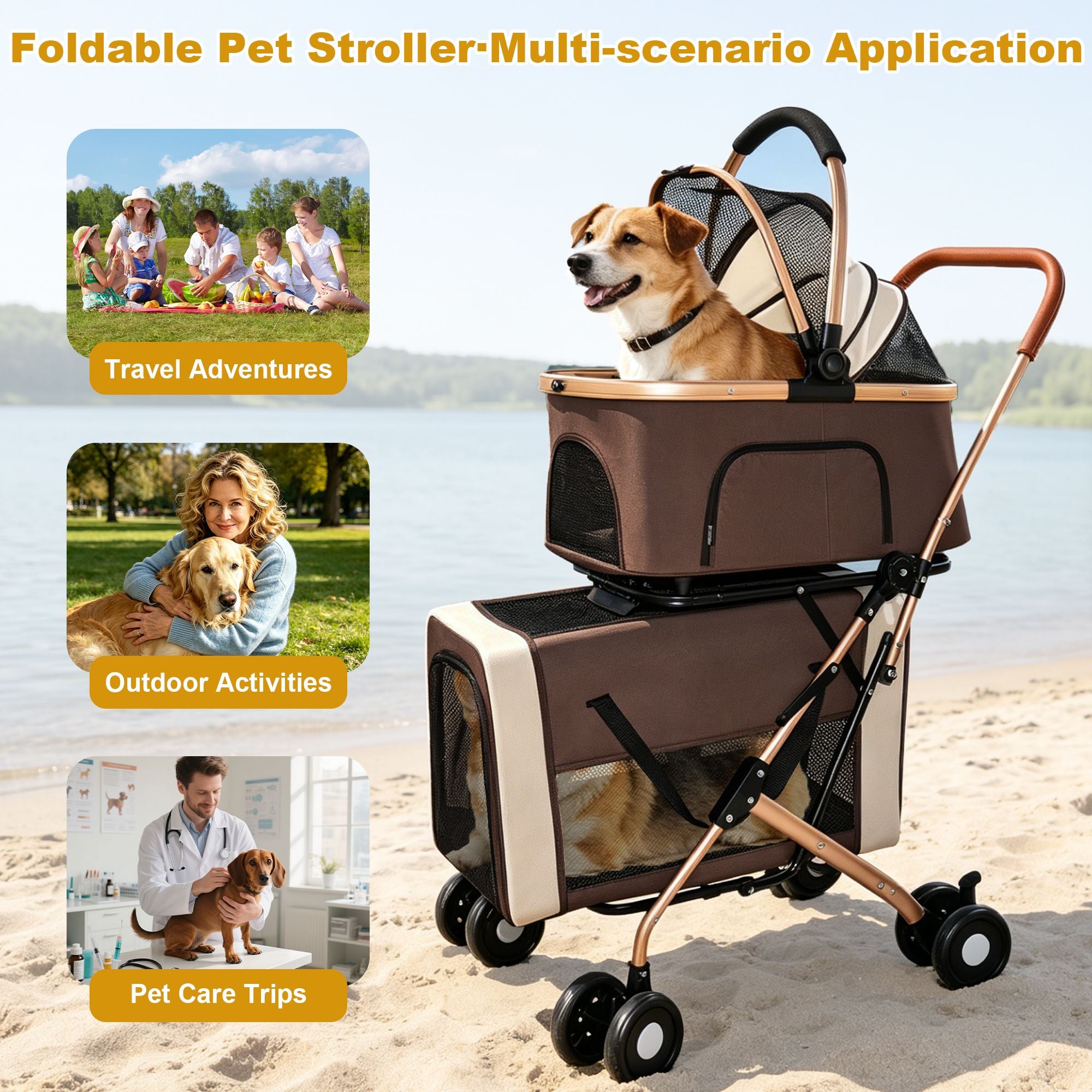 Double Pet Stroller for Small Medium Dogs Cats, 3-in-1 Convertible Carrier Tote, Foldable Frame Shoc