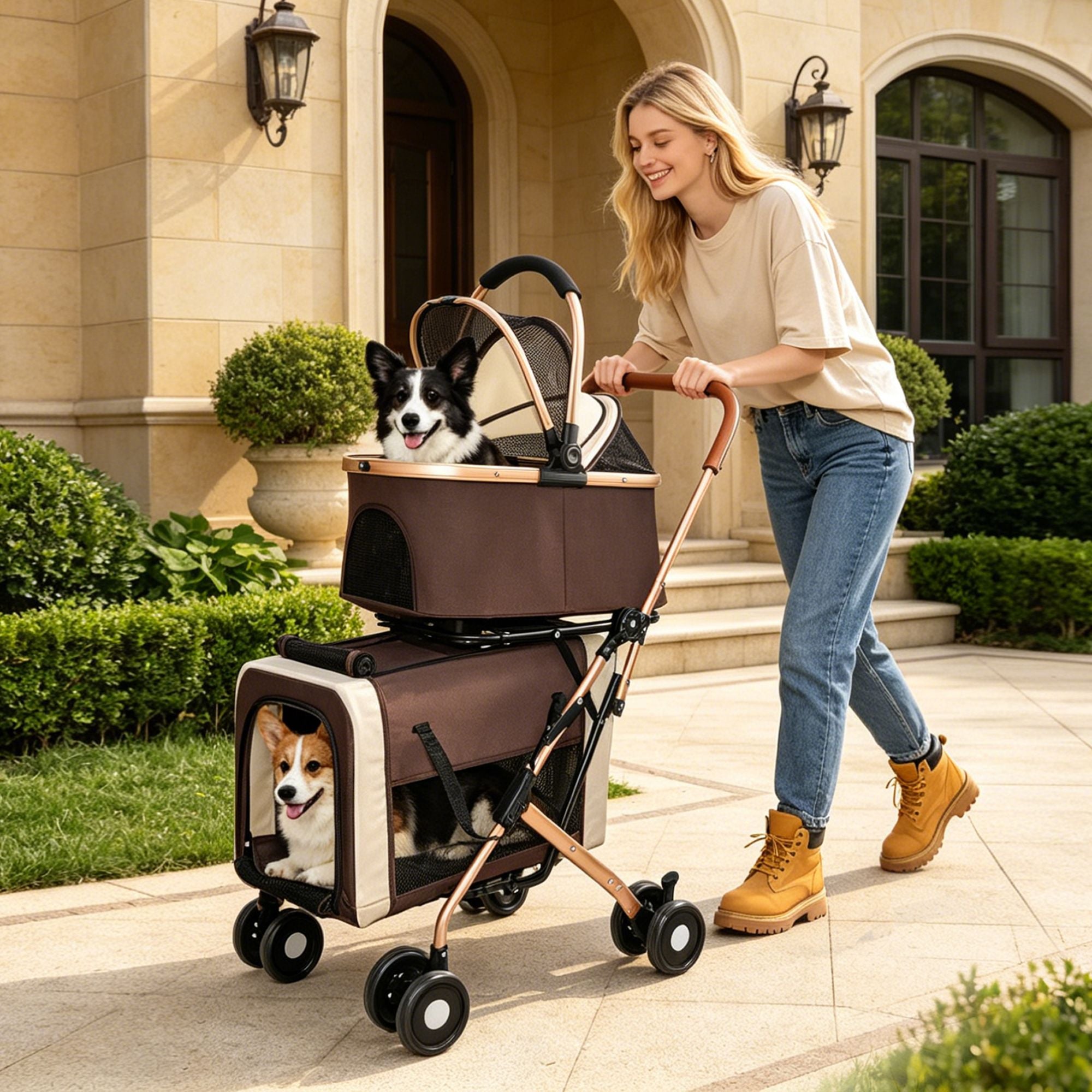 Double Pet Stroller for Small Medium Dogs Cats, 3-in-1 Convertible Carrier Tote, Foldable Frame Shoc