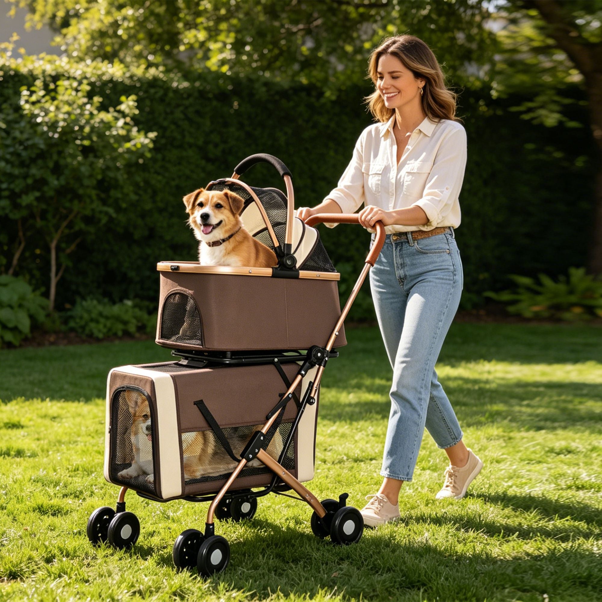 Double Pet Stroller for Small Medium Dogs Cats, 3-in-1 Convertible Carrier Tote, Foldable Frame Shoc