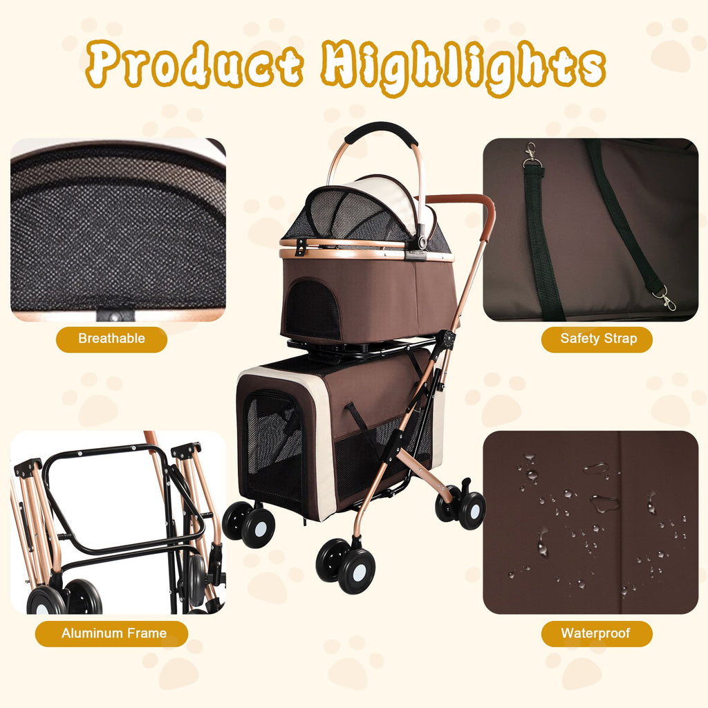 Double Pet Stroller for Small Medium Dogs Cats, 3-in-1 Convertible Carrier Tote, Foldable Frame Shoc
