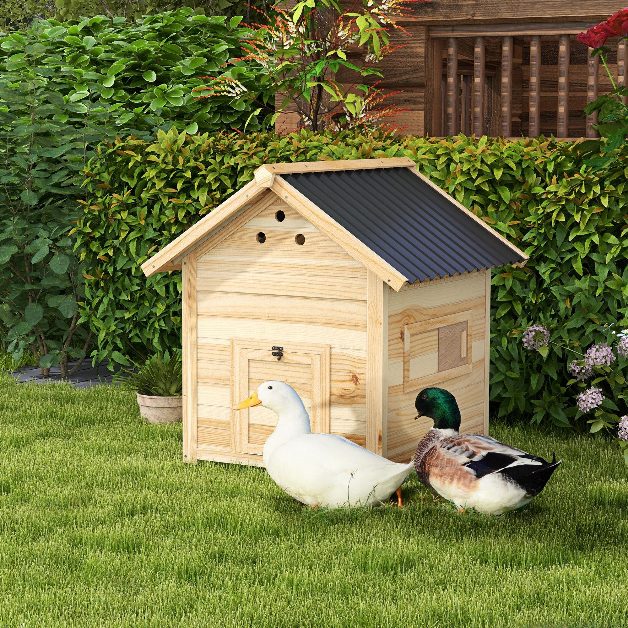 Duck Coop, Wooden Duck House with Openable Roof & Double Doors, Natural Wood