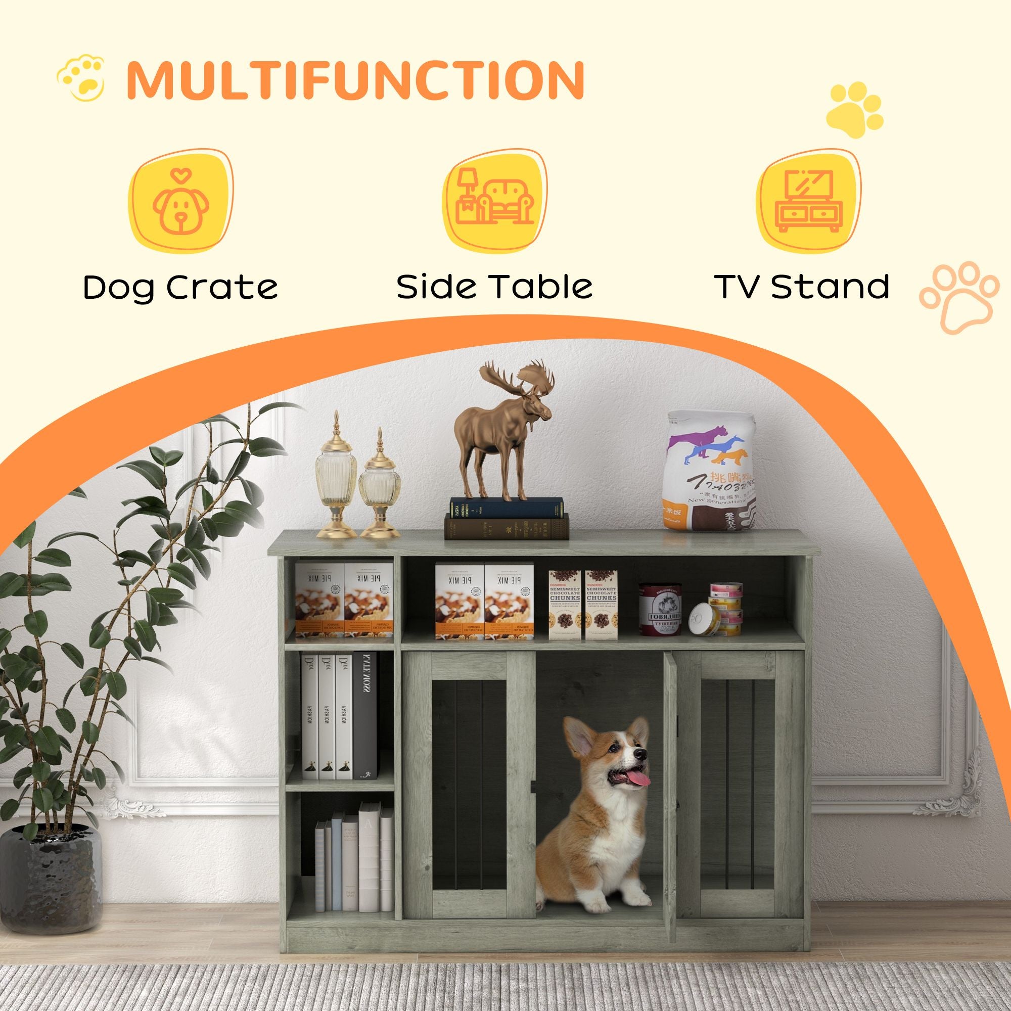 Elegant Dog Crate Furniture with Storage Gray Lockable Door Pet Cage for Medium Large Dogs 47 x 23.5 x 35