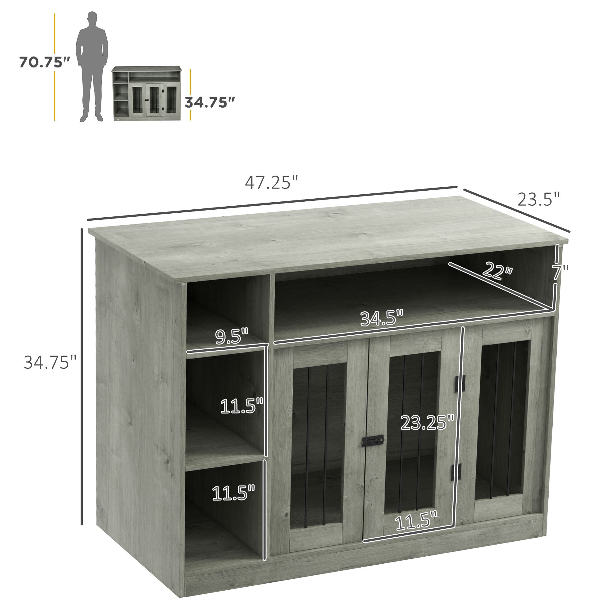 Elegant Dog Crate Furniture with Storage Gray Lockable Door Pet Cage for Medium Large Dogs 47 x 23.5 x 35
