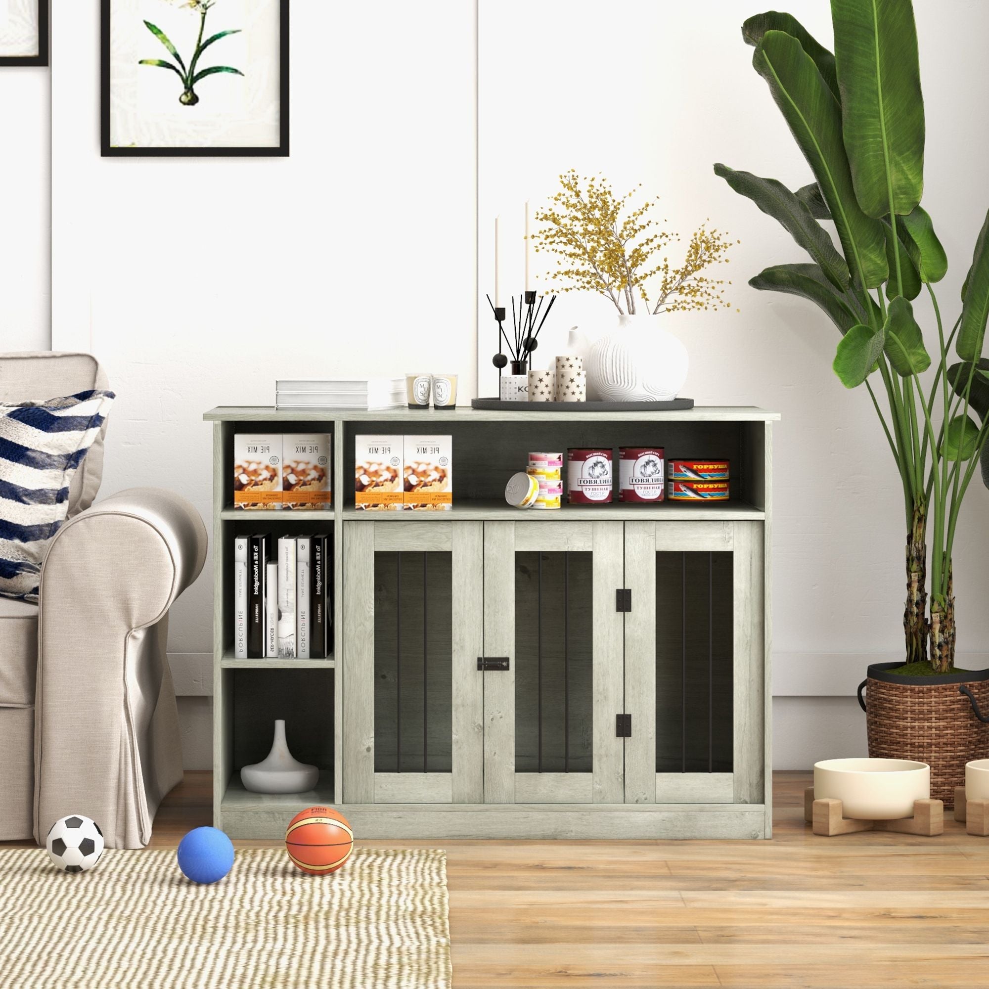 Elegant Dog Crate Furniture with Storage Gray Lockable Door Pet Cage for Medium Large Dogs 47 x 23.5 x 35