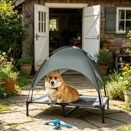 Elevated Dog Bed with UV Canopy, 36" Outdoor Cot for Small Dogs