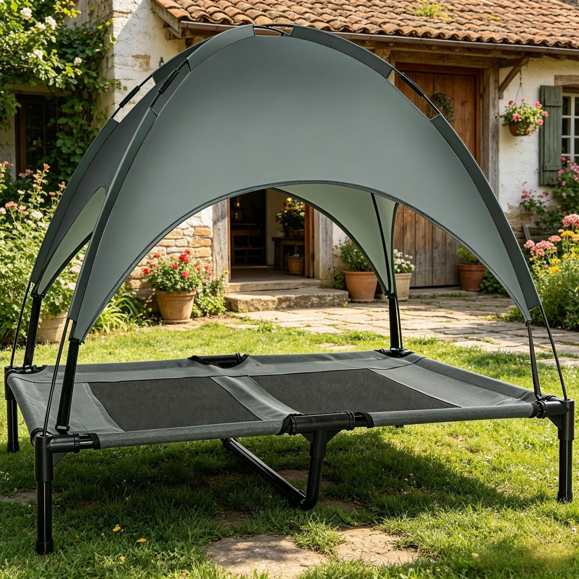 Elevated Dog Bed with Removable Canopy, Outdoor Dog Cot with UV Protection Canopy Shade, 36 inch Large Pet Bed
