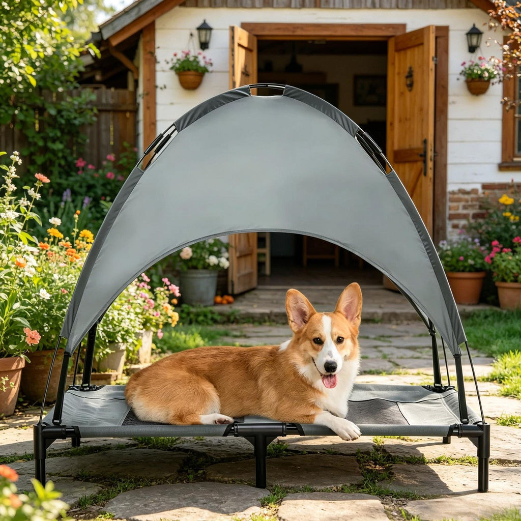 Elevated Dog Bed with Removable Canopy, Outdoor Dog Cot with UV Protection Canopy Shade, 36 inch Large Pet Bed