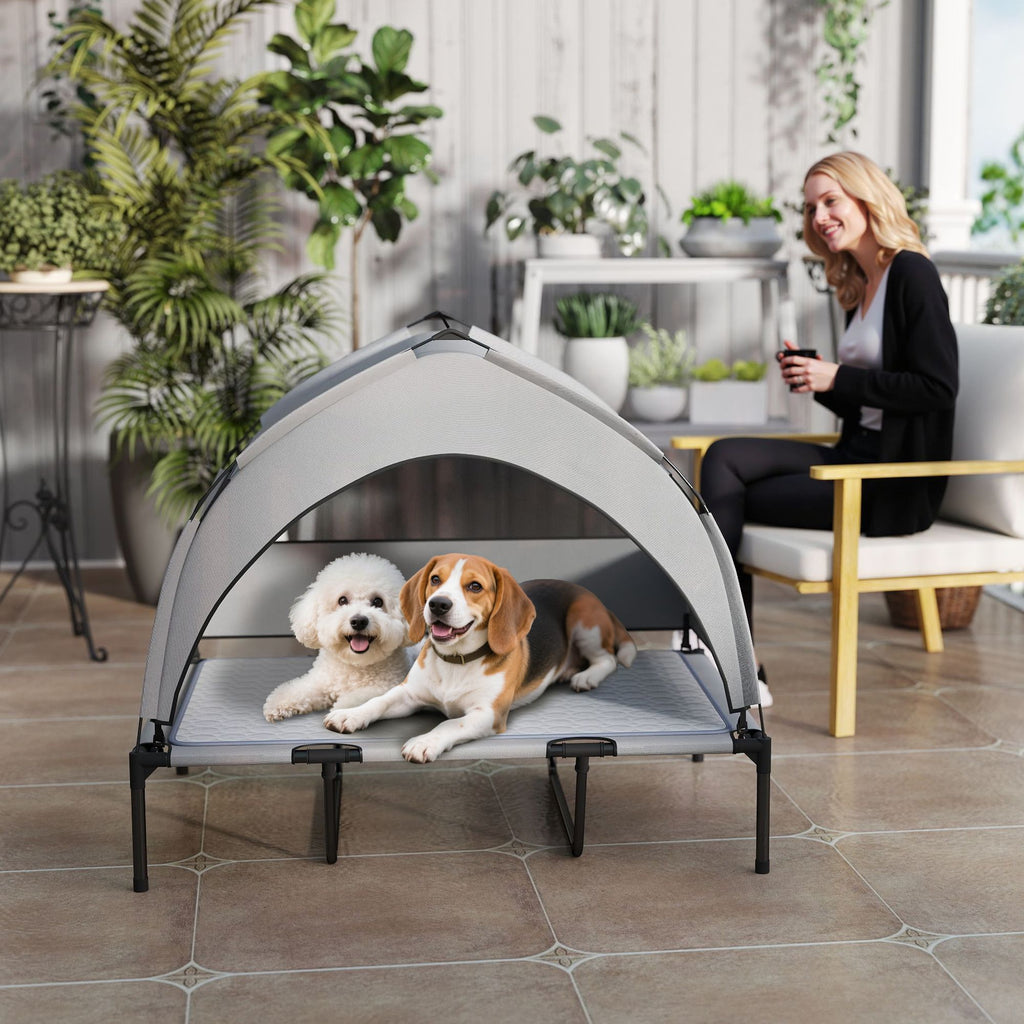 Elevated Dog Bed with Removable Canopy, Portable Outside Raised Pet Cot with Cooling Pad, Storage Bag, 42" x 30" x 37"