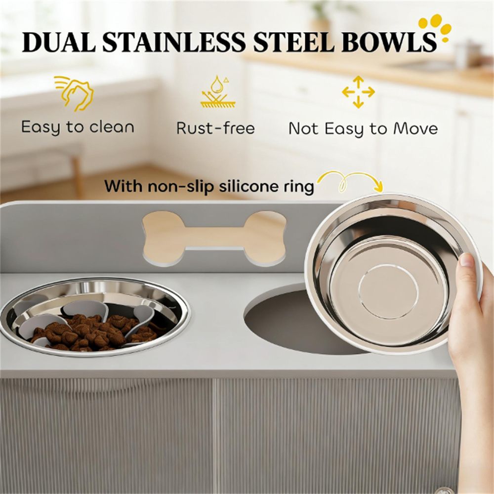 Elevated Dog Bowl with Hidden Storage & Slow Feeder, Gray
