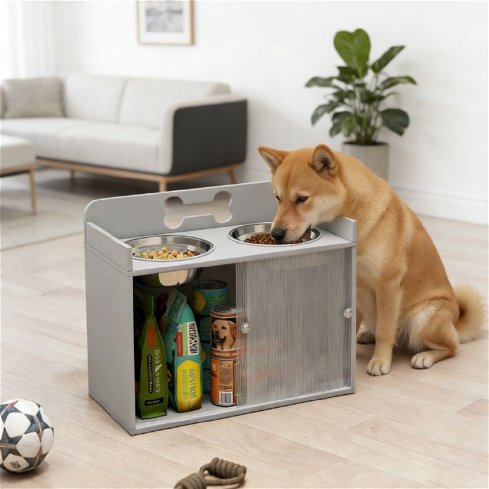 Elevated Dog Bowl with Hidden Storage & Slow Feeder, Gray