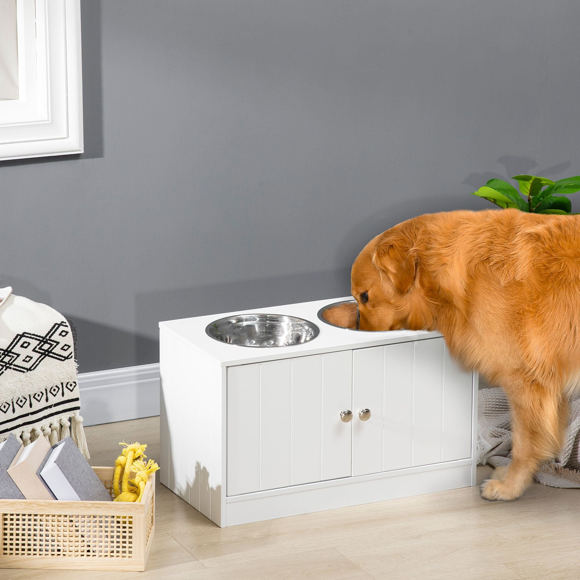 Elevate Your Dog's Mealtime with a Stylish Raised Feeder & Storage Cabinet