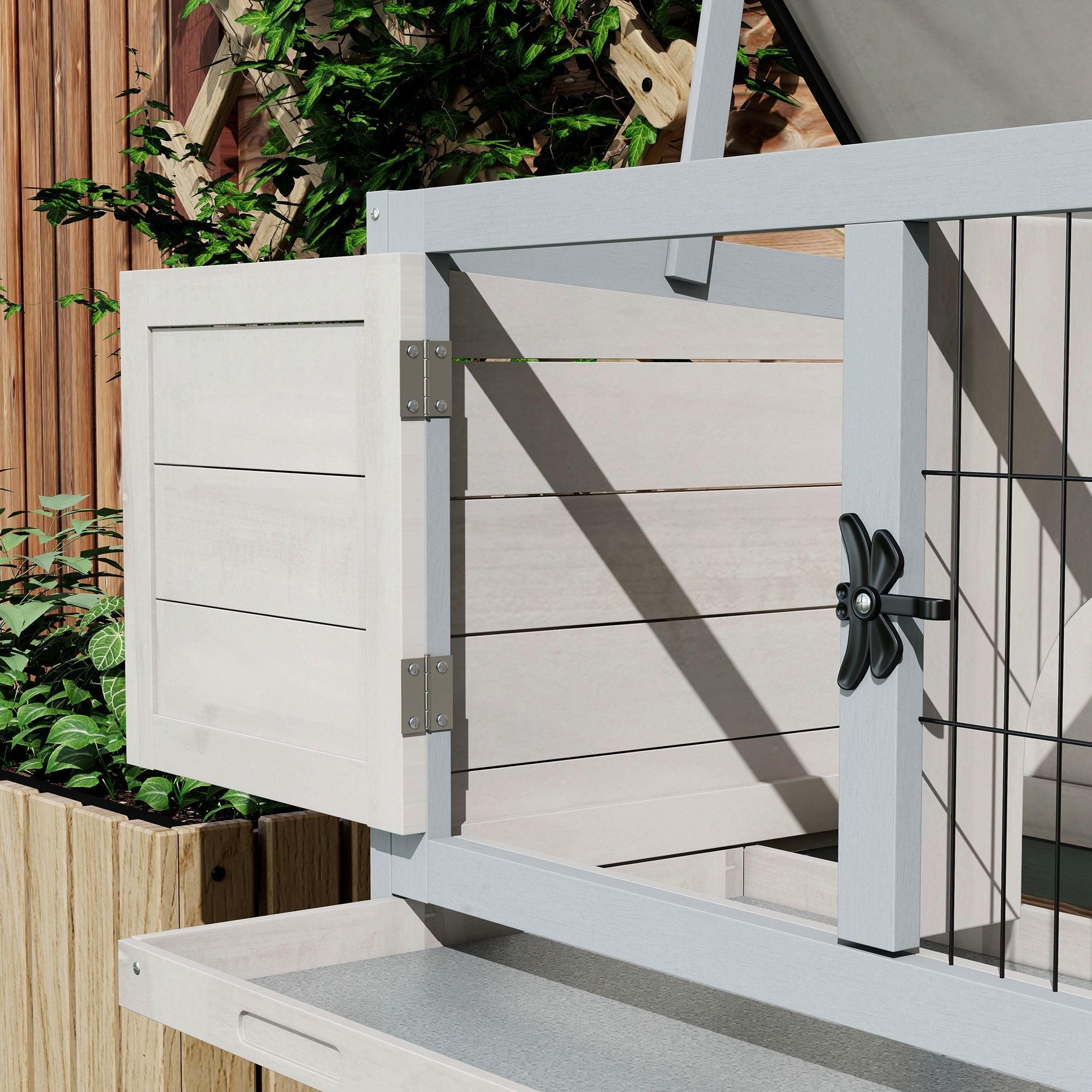 Elevated Rabbit Hutch with Hinged Asphalt Roof and Removable Tray