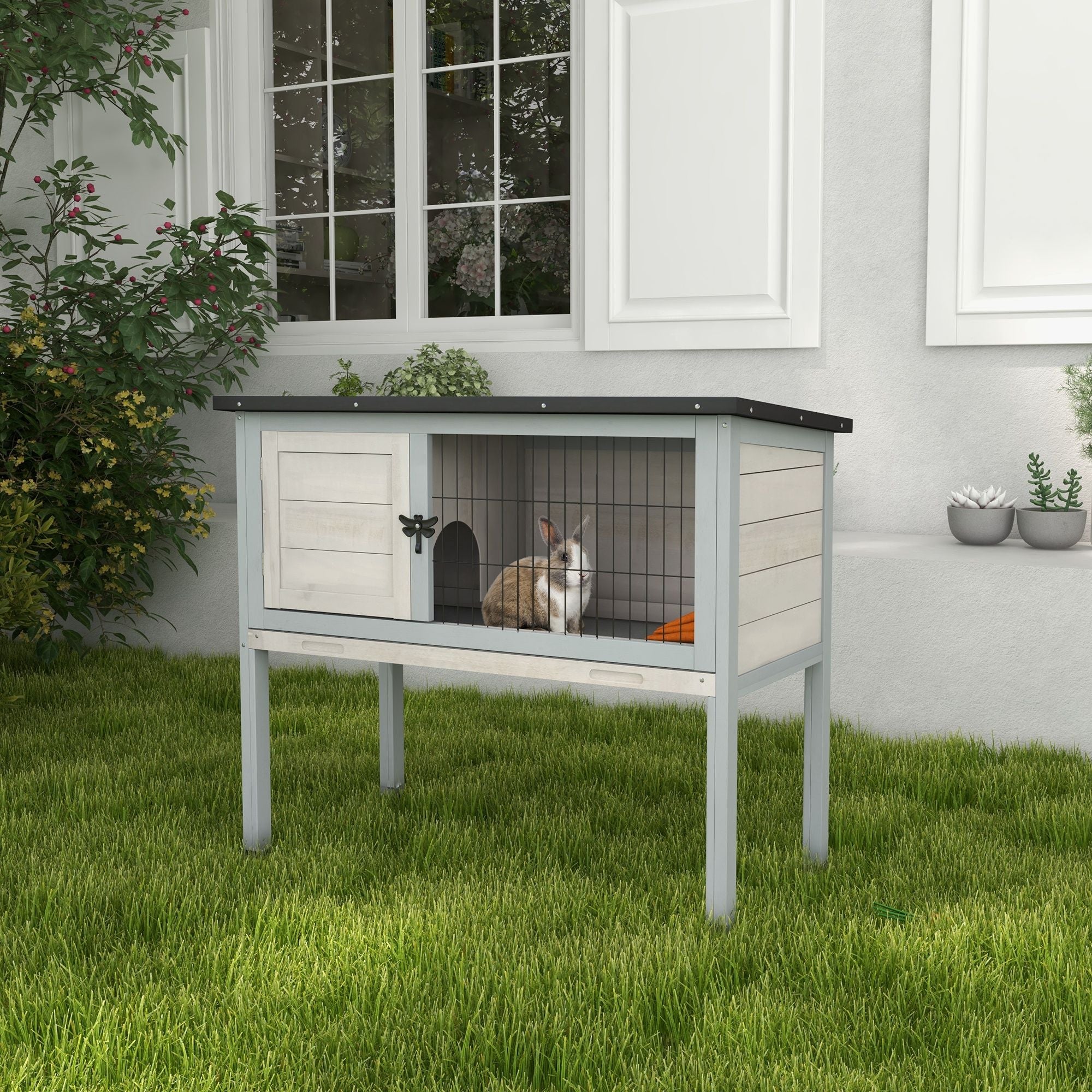 Elevated Rabbit Hutch with Hinged Asphalt Roof and Removable Tray
