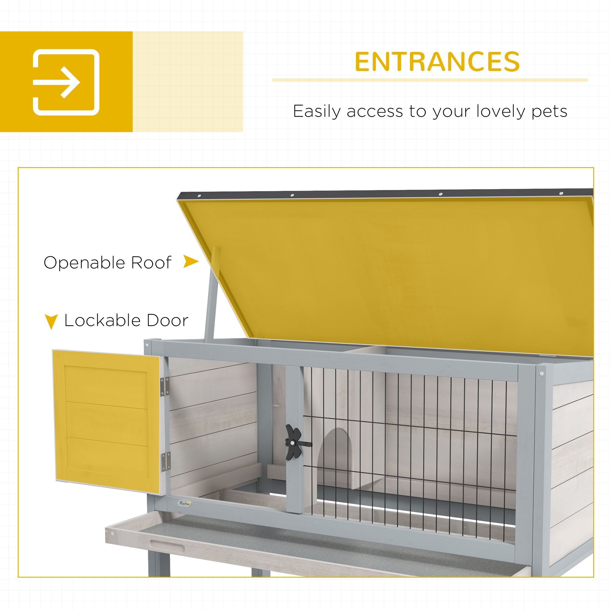 Elevated Rabbit Hutch with Hinged Asphalt Roof and Removable Tray