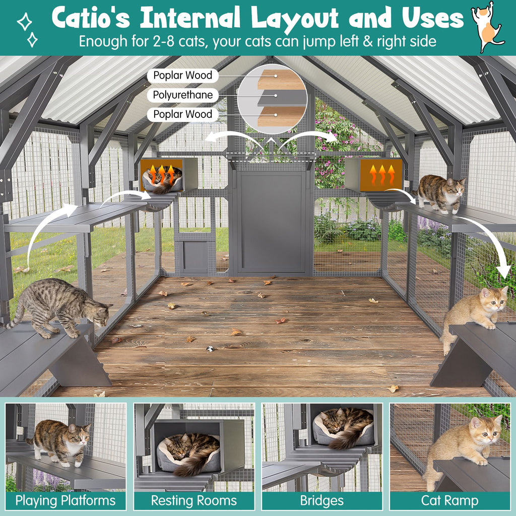 Extra Large Catio Outdoor Cat Enclosure with 7 Platforms and 2 Resting Boxes