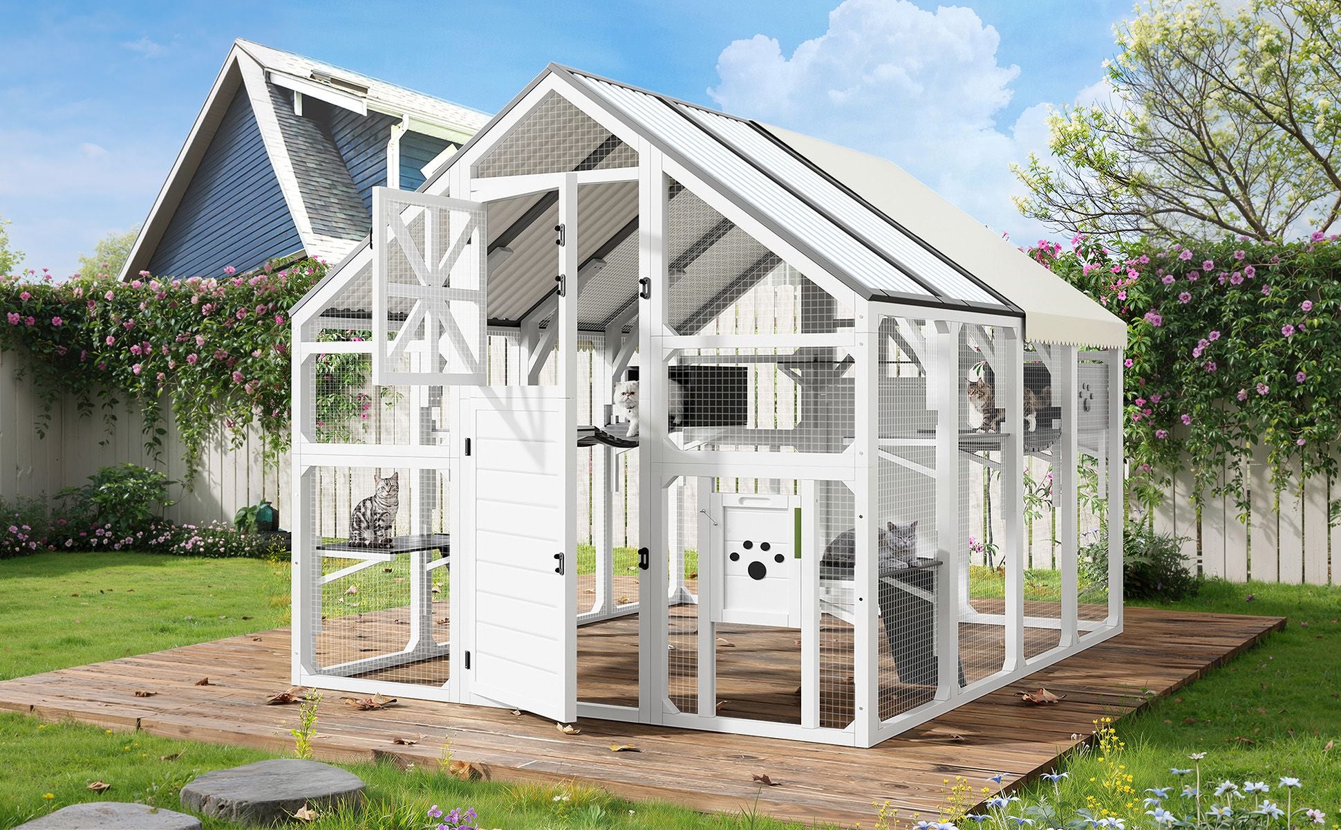 Extra Large Catio Outdoor Cat Enclosure with 7 Platforms and 2 Resting Boxes