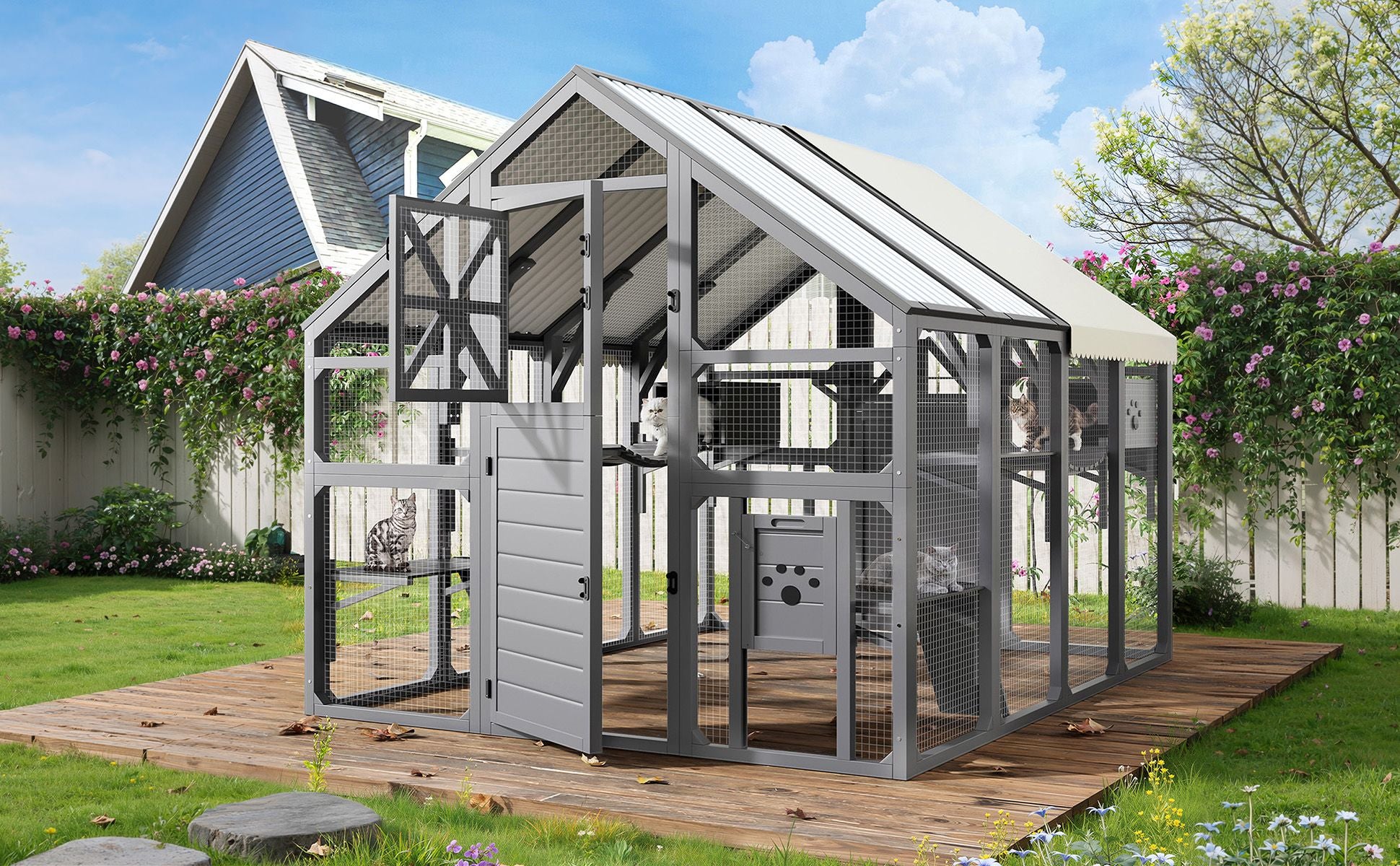 Extra Large Catio Outdoor Cat Enclosure with 7 Platforms and 2 Resting Boxes
