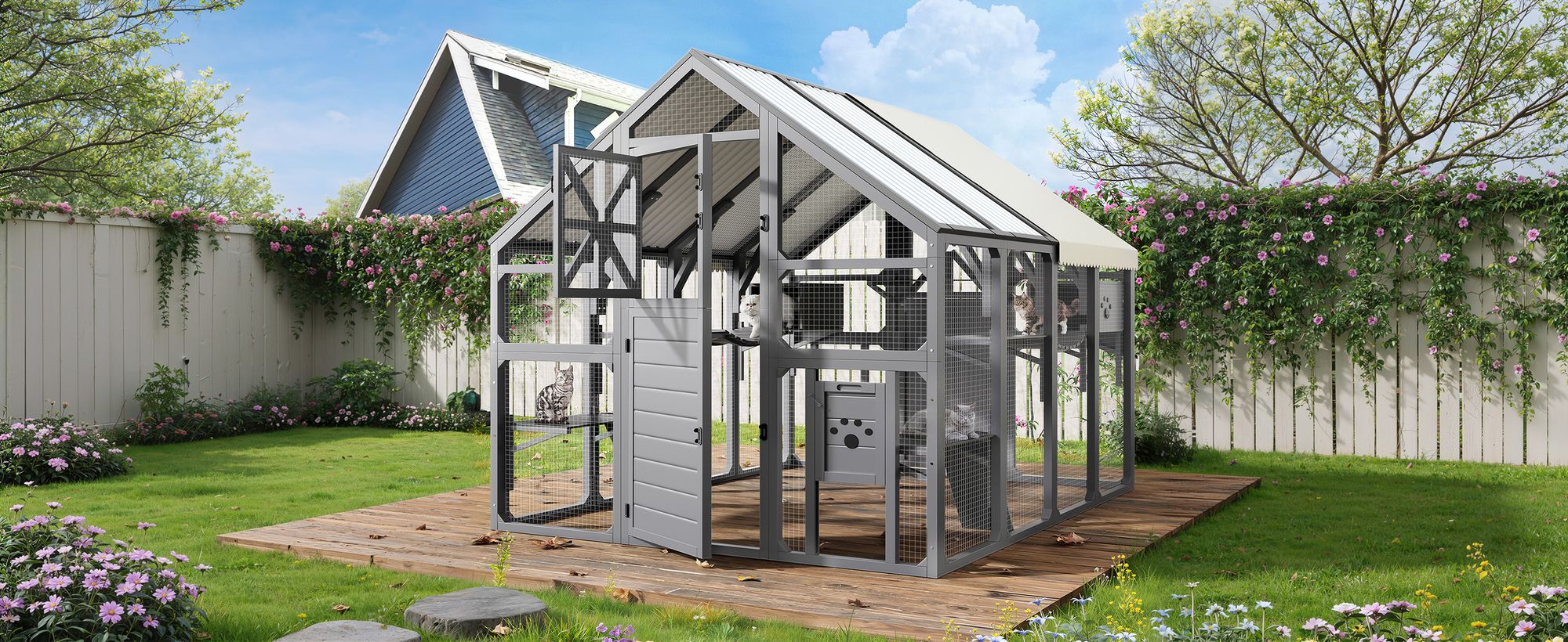Extra Large Catio Outdoor Cat Enclosure with 7 Platforms and 2 Resting Boxes