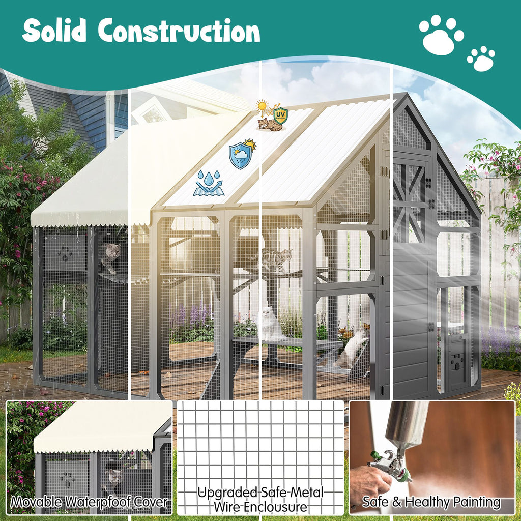 Extra Large Catio Outdoor Cat Enclosure with 7 Platforms and 2 Resting Boxes