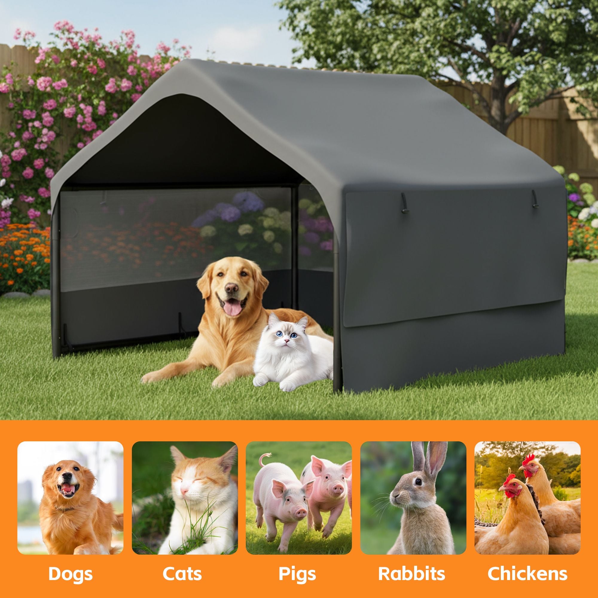 Extra Large Outdoor Dog House Tent with 3-Sided Mesh Windows, Breathable Sun Rain Cover Pet Shelter