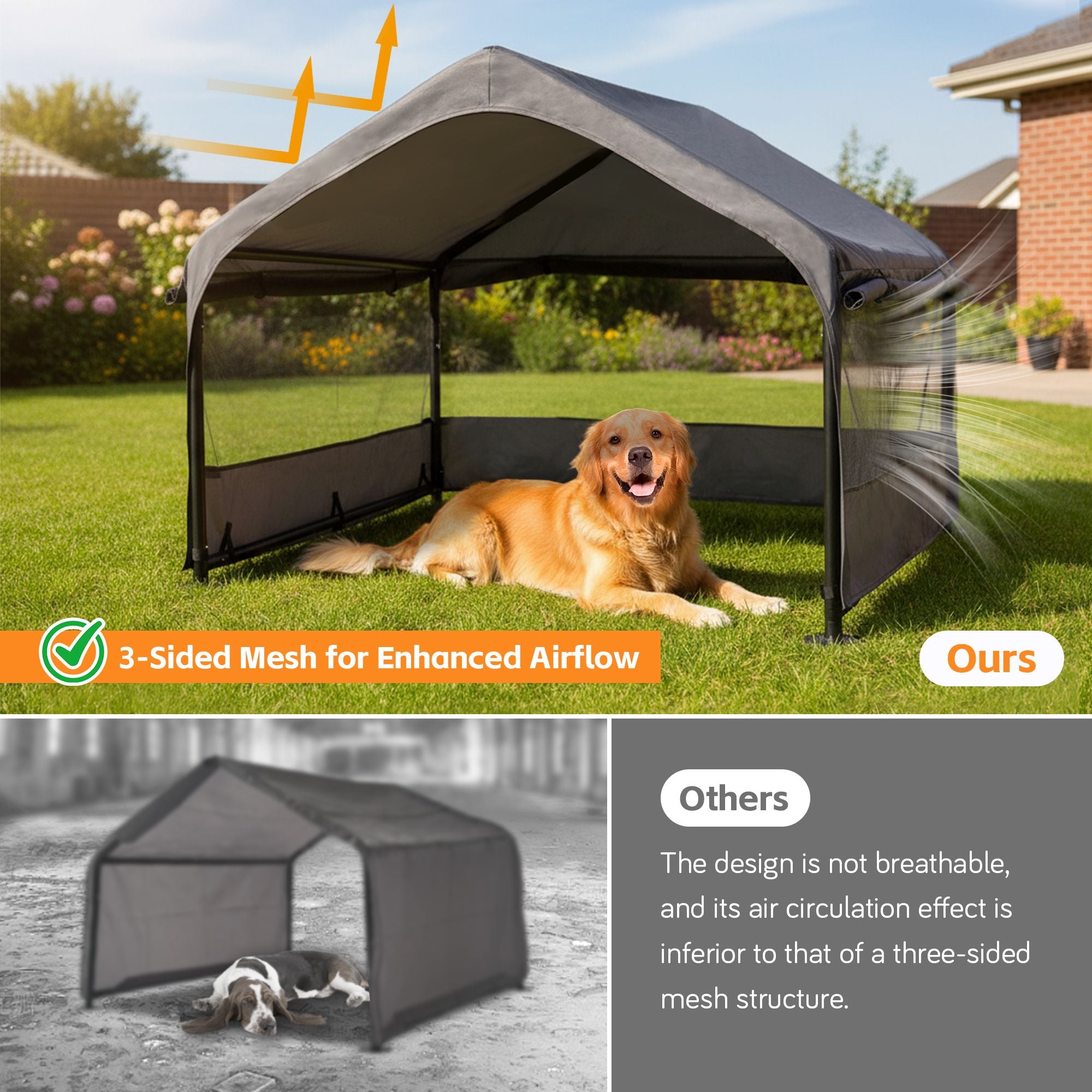 Extra Large Outdoor Dog House Tent with 3-Sided Mesh Windows, Breathable Sun Rain Cover Pet Shelter