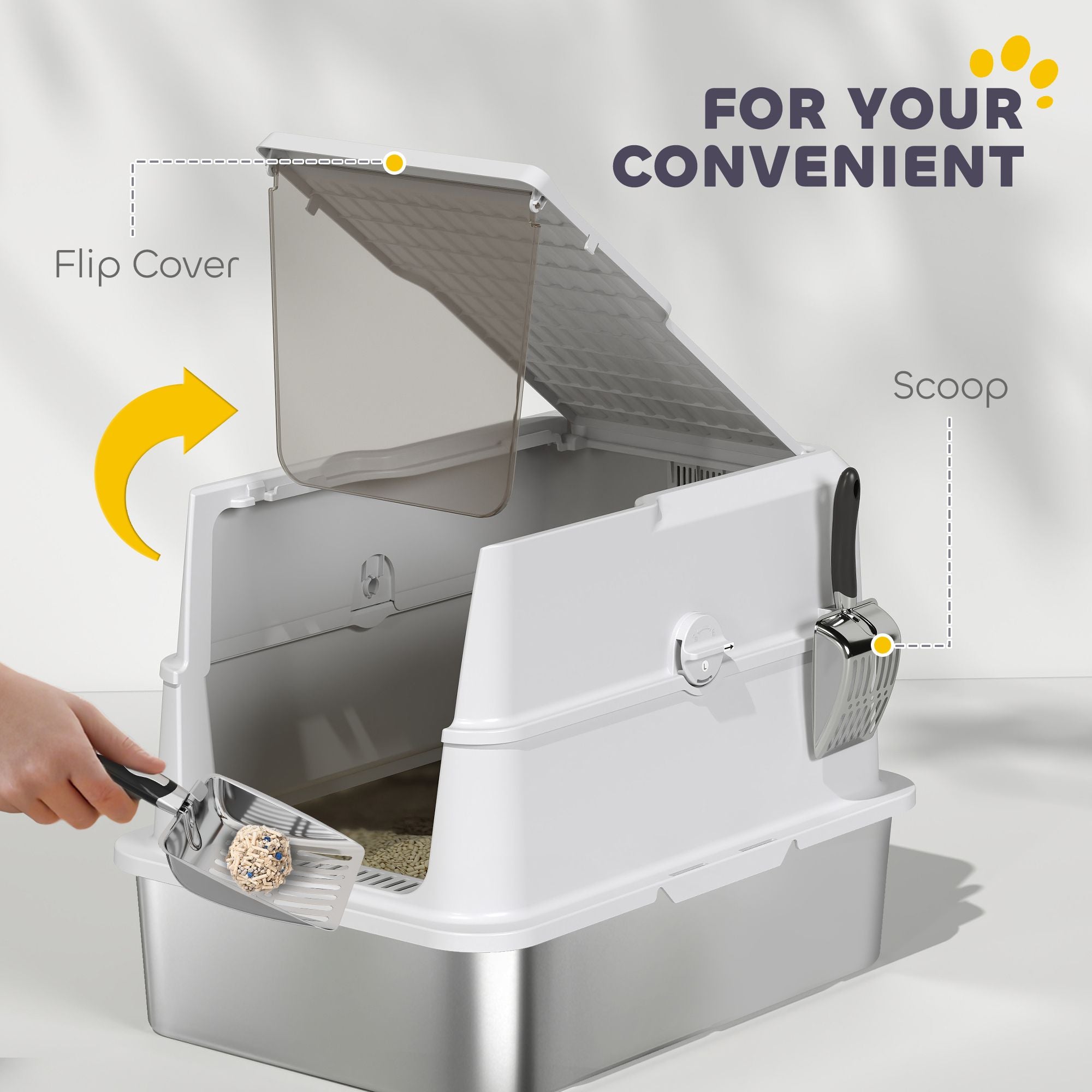 Extra Large Stainless Steel Cat Litter Box for Big Cats with Flip Cover, High-Sided Enclosure & Scoop