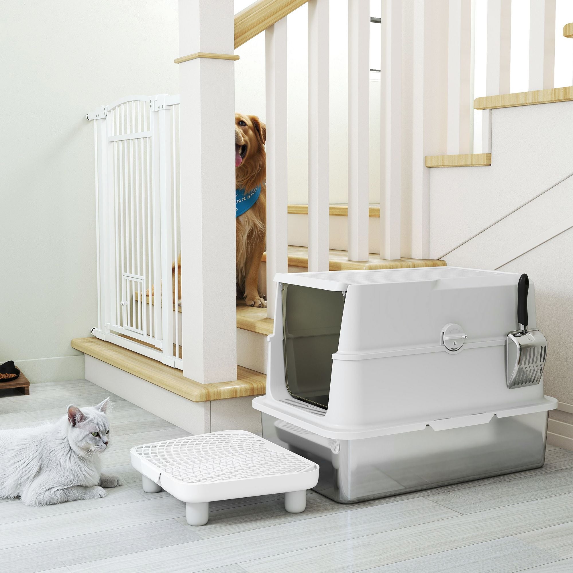 Extra Large Stainless Steel Cat Litter Box for Big Cats with Flip Cover, High-Sided Enclosure & Scoop