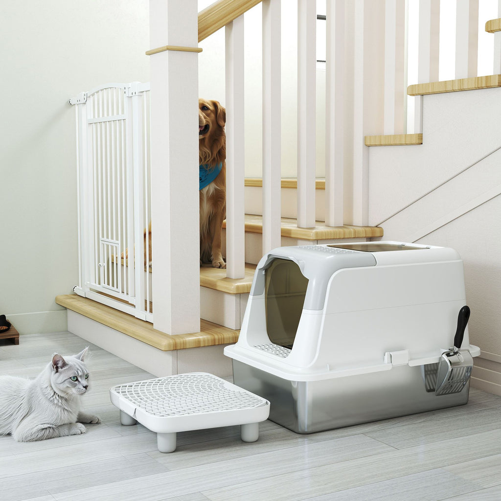 Extra Large Stainless Steel Litter Box, Enclosed Cat Litter Box with Scoop, Deodorizer Bag, Sand Drop Pedal