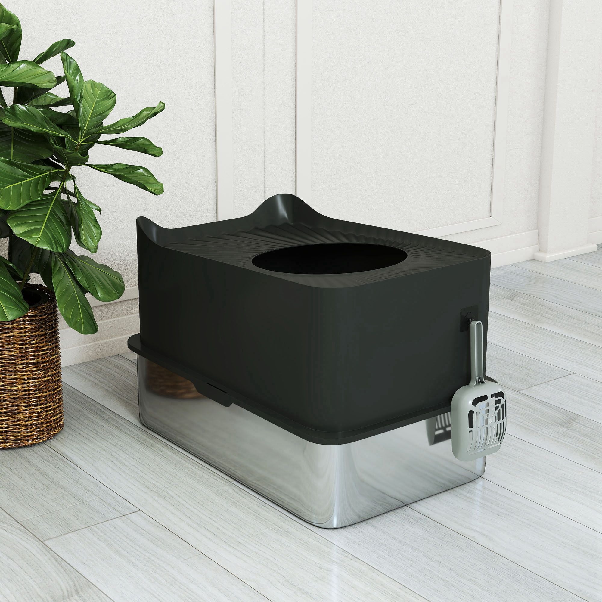 Extra Large Stainless Steel Litter Box, Enclosed Cat Litter Box with Scoop, Top Entrance, Non-slip Pads, Black