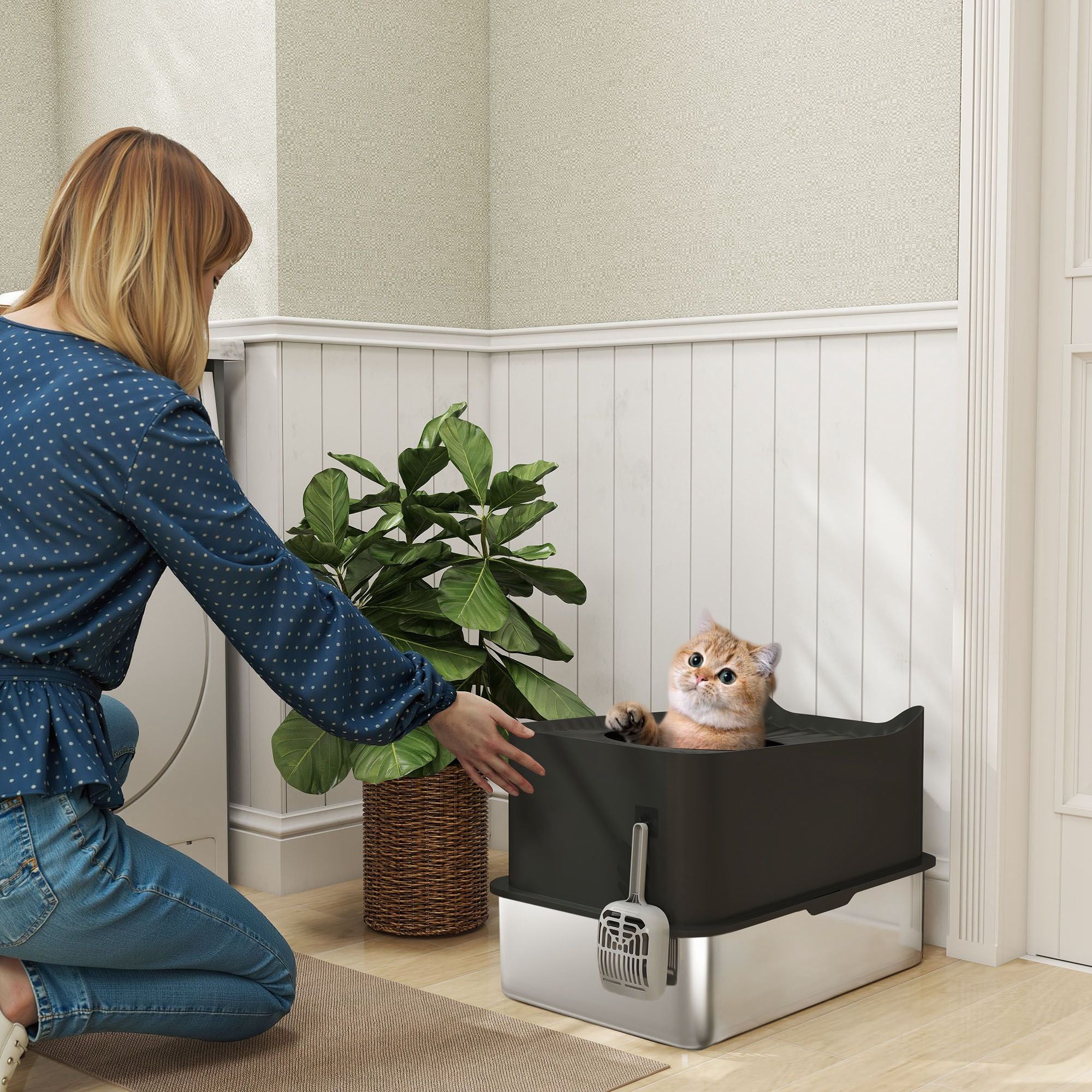 Extra Large Stainless Steel Litter Box, Enclosed Cat Litter Box with Scoop, Top Entrance, Non-slip Pads, Black