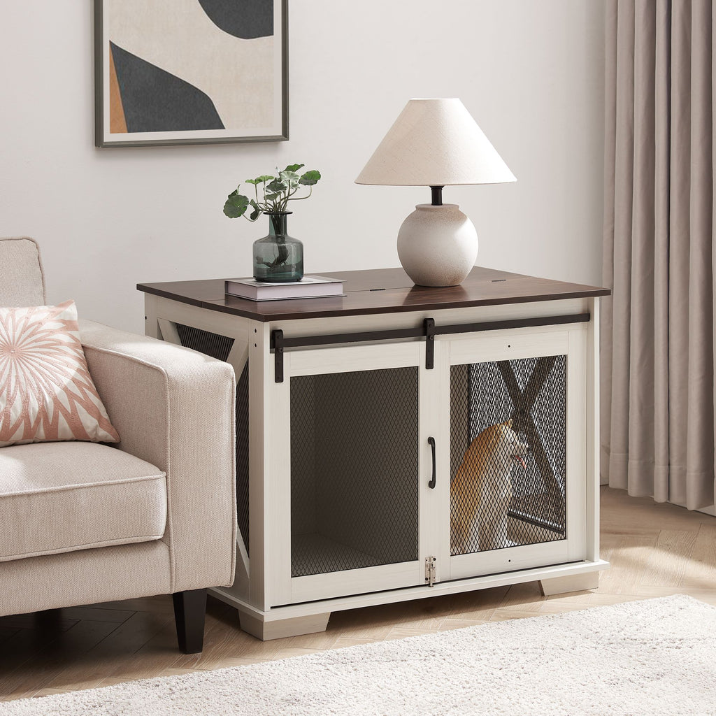 Stylish Farmhouse Dog Crate Furniture with Sliding Barn Door – A Cozy Retreat for Your Pup