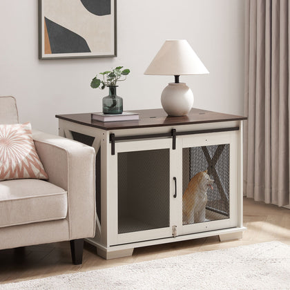 Stylish Farmhouse Dog Crate Furniture with Sliding Barn Door – A Cozy Retreat for Your Pup