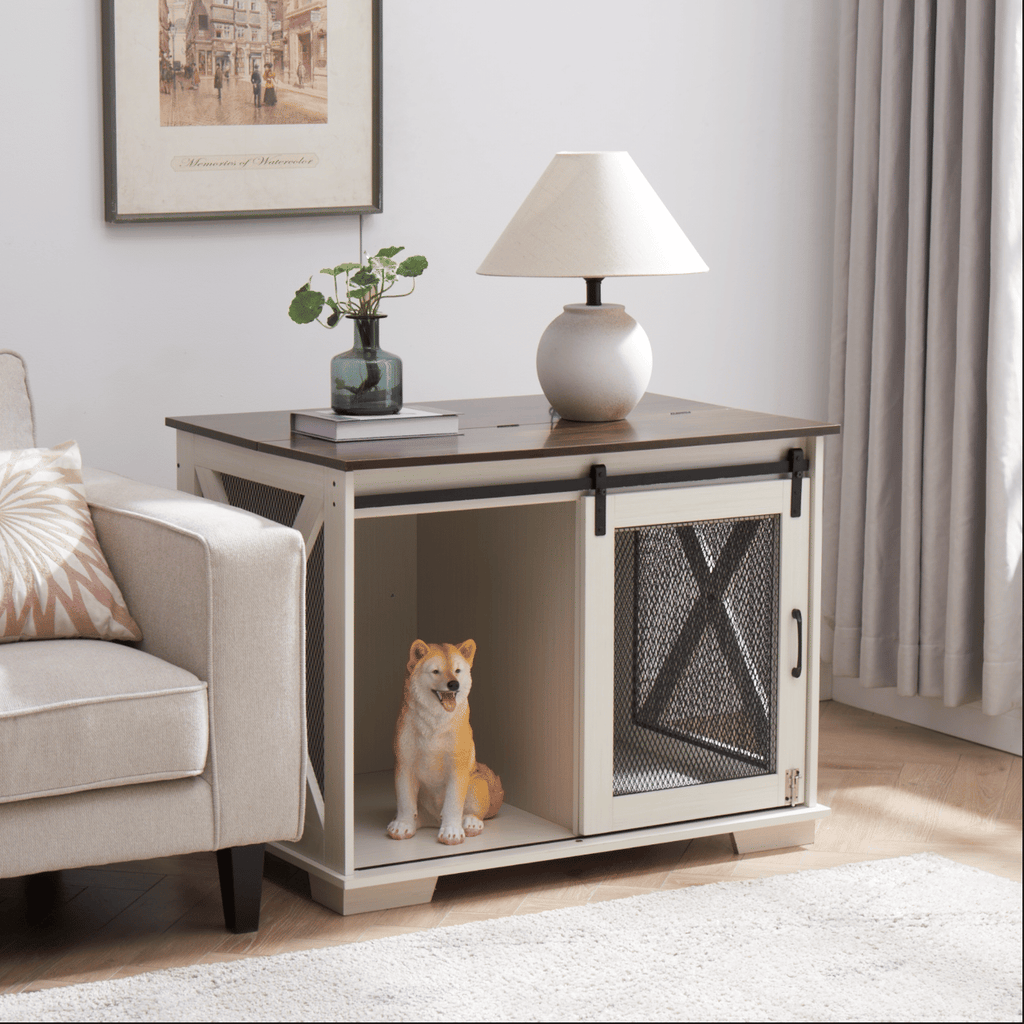Stylish Farmhouse Dog Crate Furniture with Sliding Barn Door – A Cozy Retreat for Your Pup