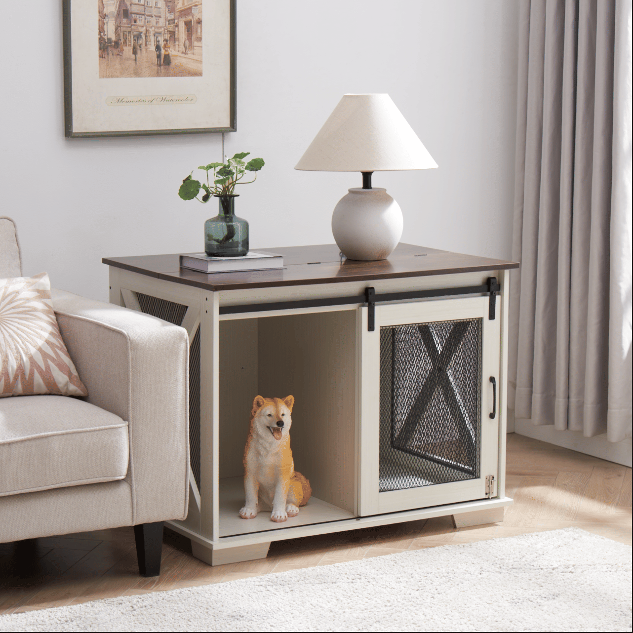 Stylish Farmhouse Dog Crate Furniture with Sliding Barn Door – A Cozy Retreat for Your Pup