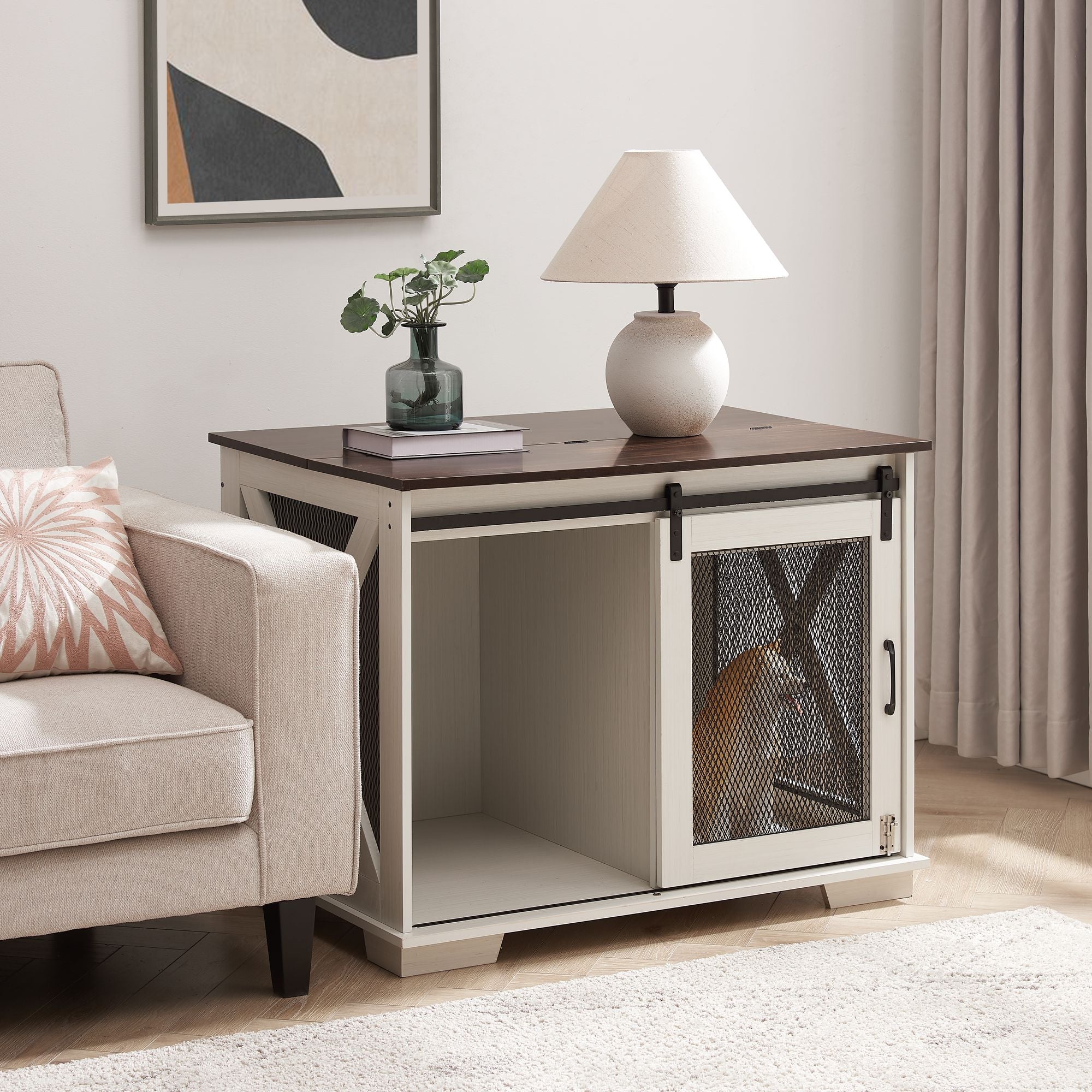 Stylish Farmhouse Dog Crate Furniture with Sliding Barn Door – A Cozy Retreat for Your Pup