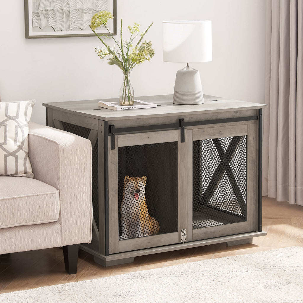 Stylish Farmhouse Dog Crate Furniture with Sliding Barn Door – A Cozy Retreat for Your Pup