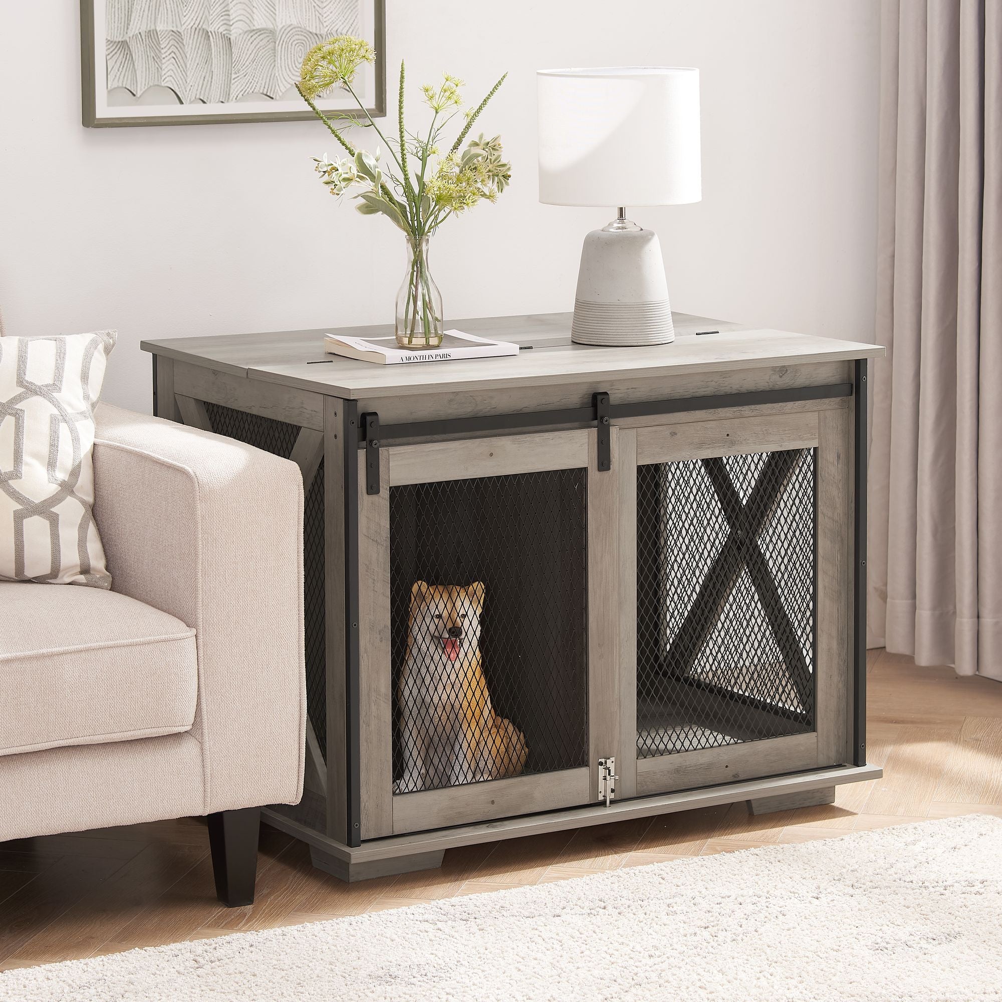 Stylish Farmhouse Dog Crate Furniture with Sliding Barn Door – A Cozy Retreat for Your Pup