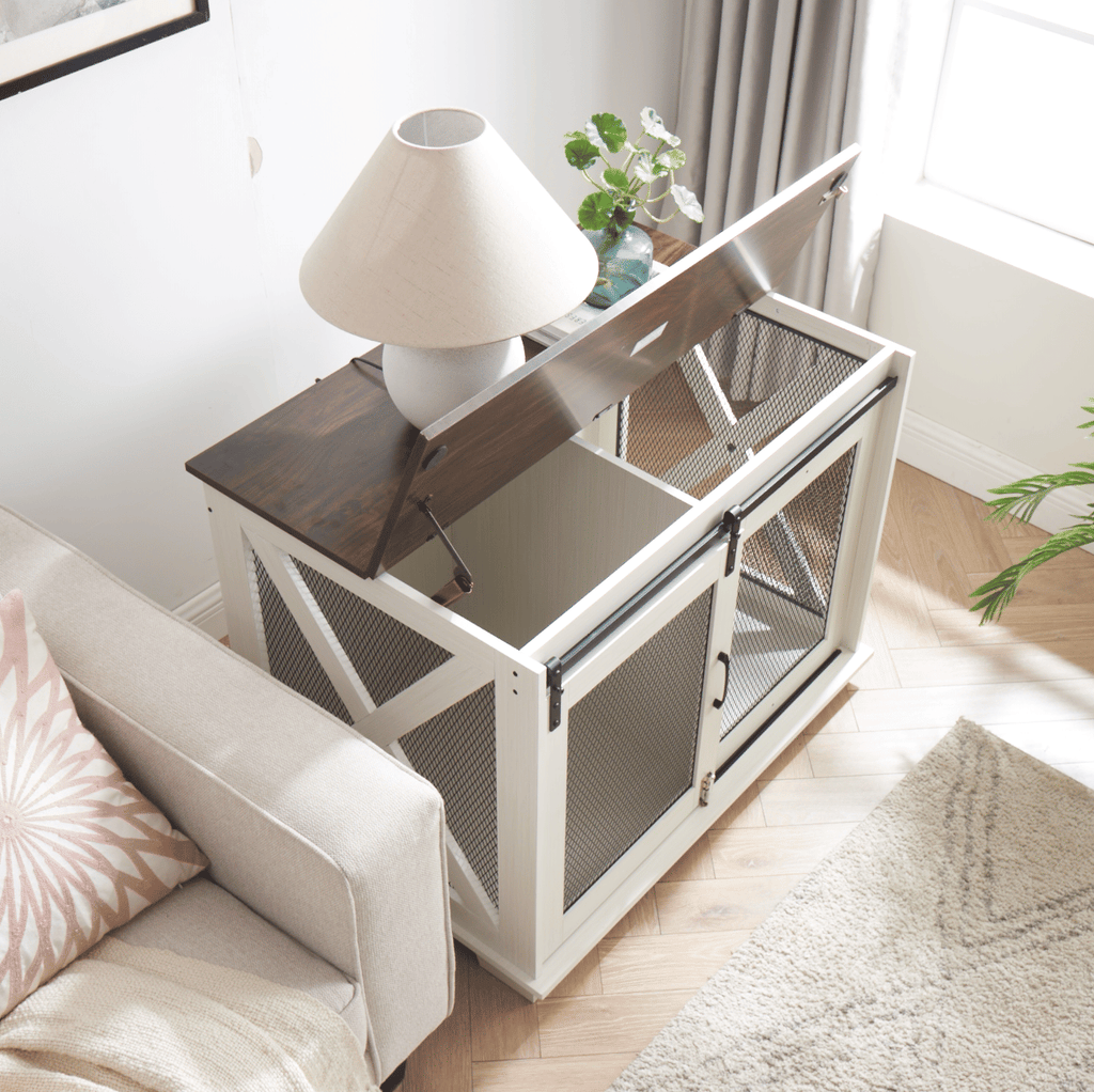 Stylish Farmhouse Dog Crate Furniture with Sliding Barn Door – A Cozy Retreat for Your Pup