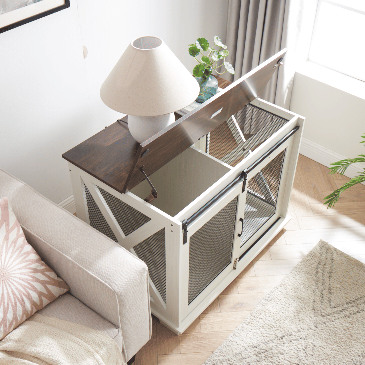 Stylish Farmhouse Dog Crate Furniture with Sliding Barn Door – A Cozy Retreat for Your Pup