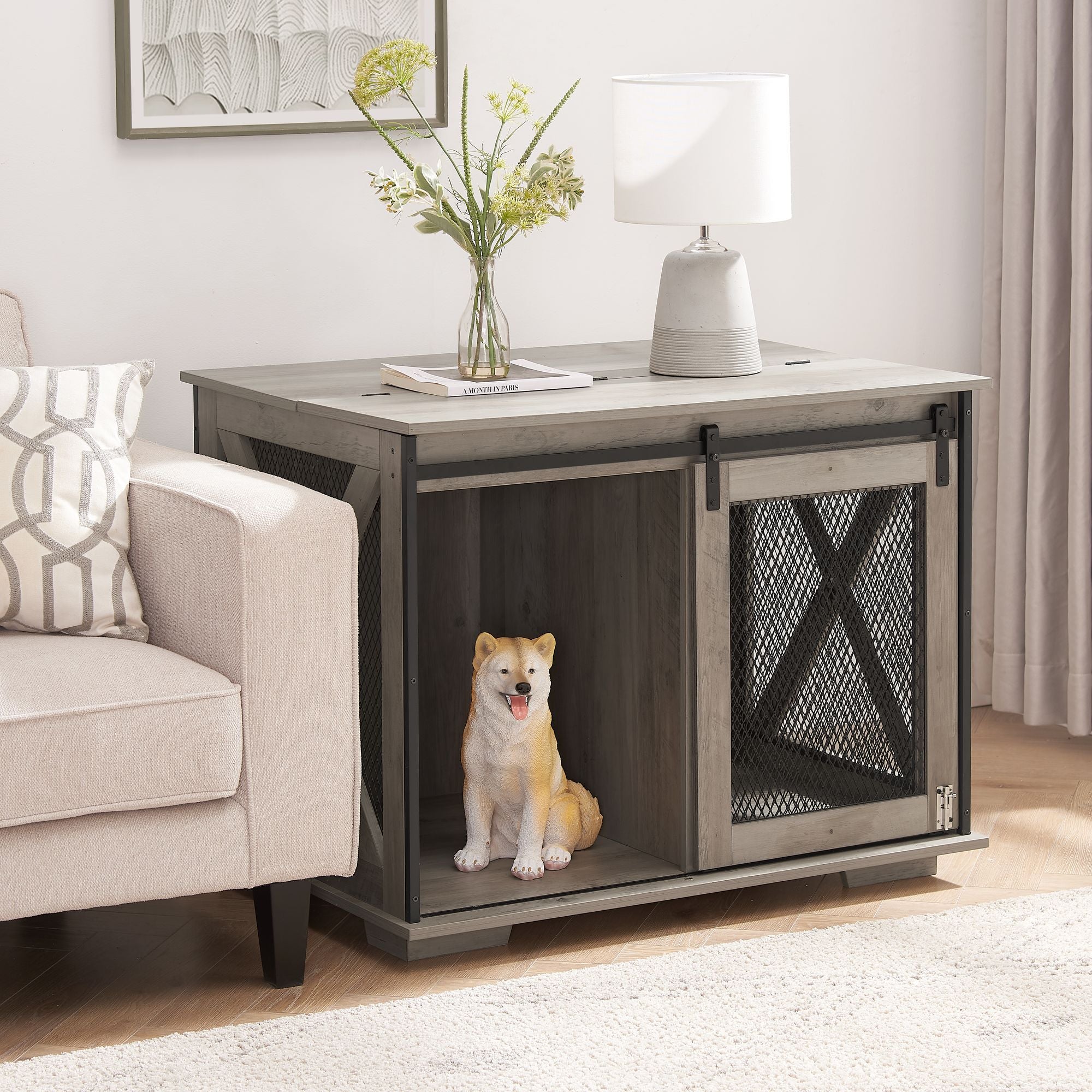 Stylish Farmhouse Dog Crate Furniture with Sliding Barn Door – A Cozy Retreat for Your Pup