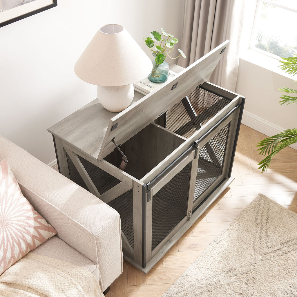 Stylish Farmhouse Dog Crate Furniture with Sliding Barn Door – A Cozy Retreat for Your Pup