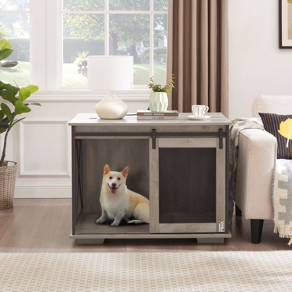 Stylish Farmhouse Dog Crate Furniture with Sliding Barn Door – A Cozy Retreat for Your Pup