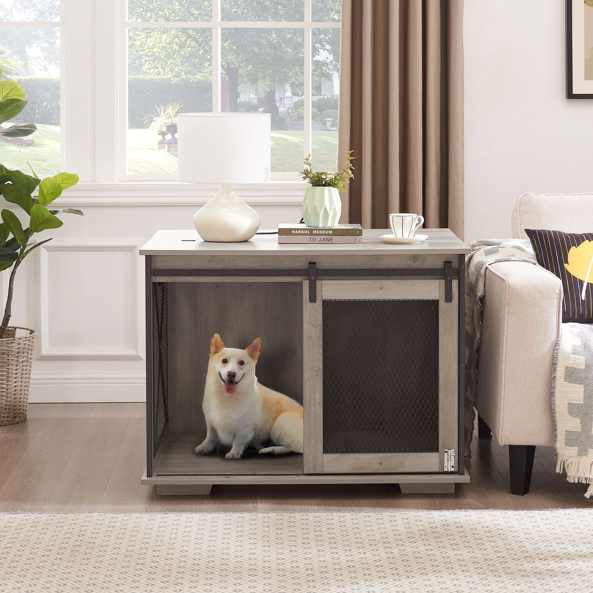 Stylish Farmhouse Dog Crate Furniture with Sliding Barn Door – A Cozy Retreat for Your Pup