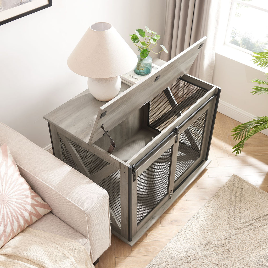 Stylish Farmhouse Dog Crate Furniture with Sliding Barn Door – A Cozy Retreat for Your Pup
