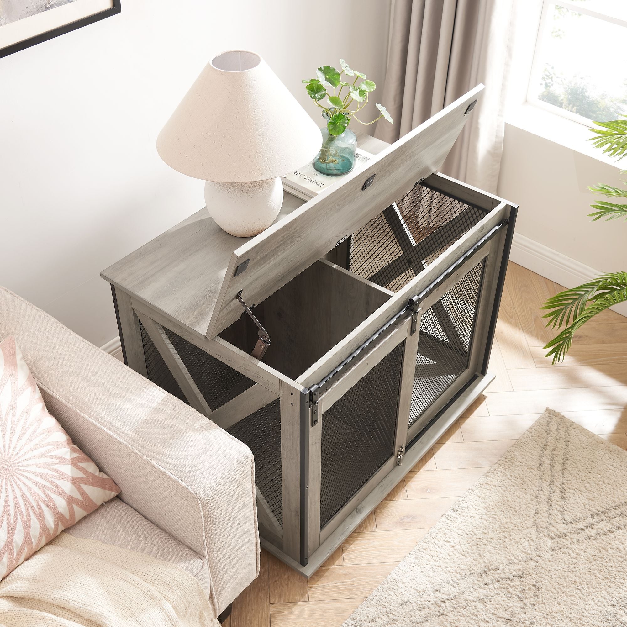 Stylish Farmhouse Dog Crate Furniture with Sliding Barn Door – A Cozy Retreat for Your Pup