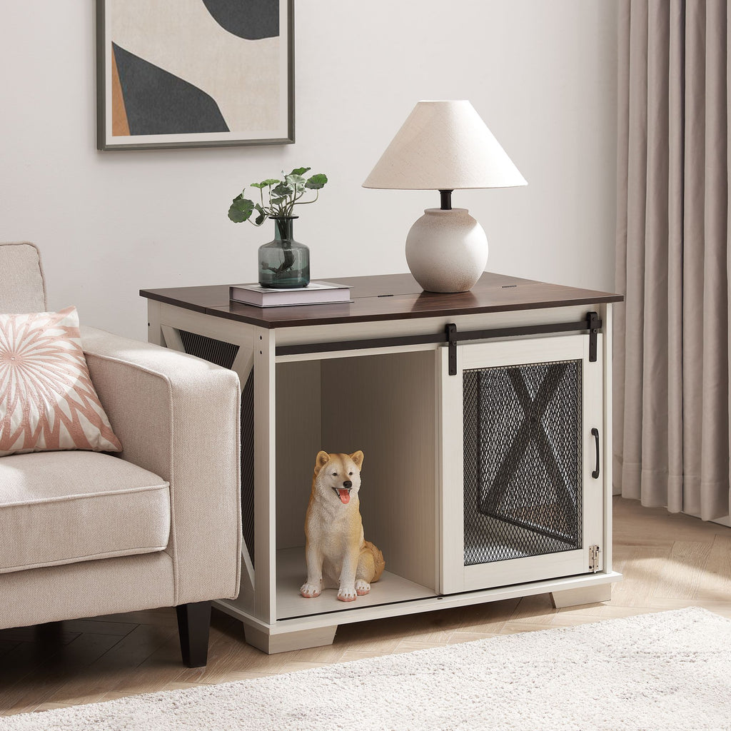 Stylish Farmhouse Dog Crate Furniture with Sliding Barn Door – A Cozy Retreat for Your Pup