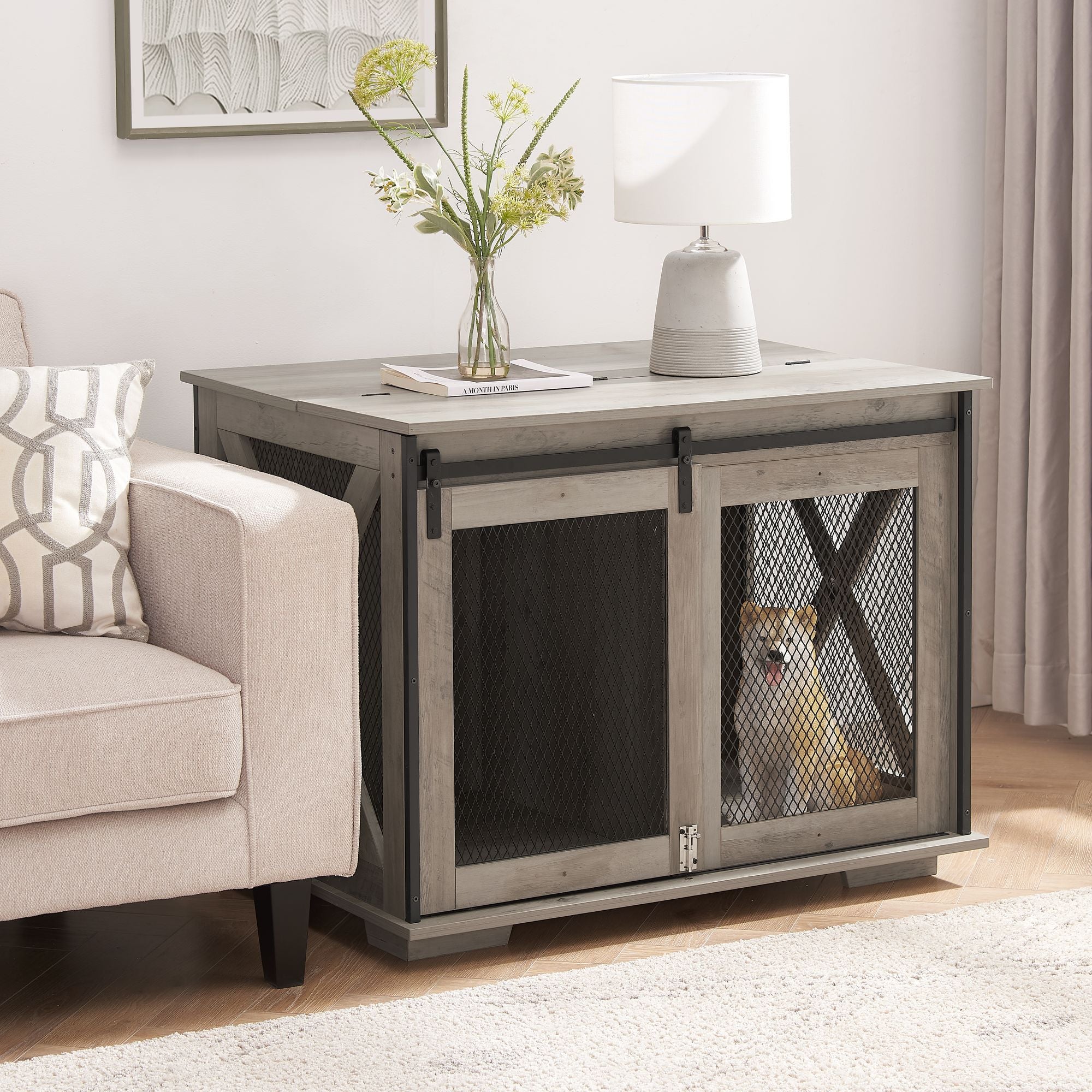 Stylish Farmhouse Dog Crate Furniture with Sliding Barn Door – A Cozy Retreat for Your Pup
