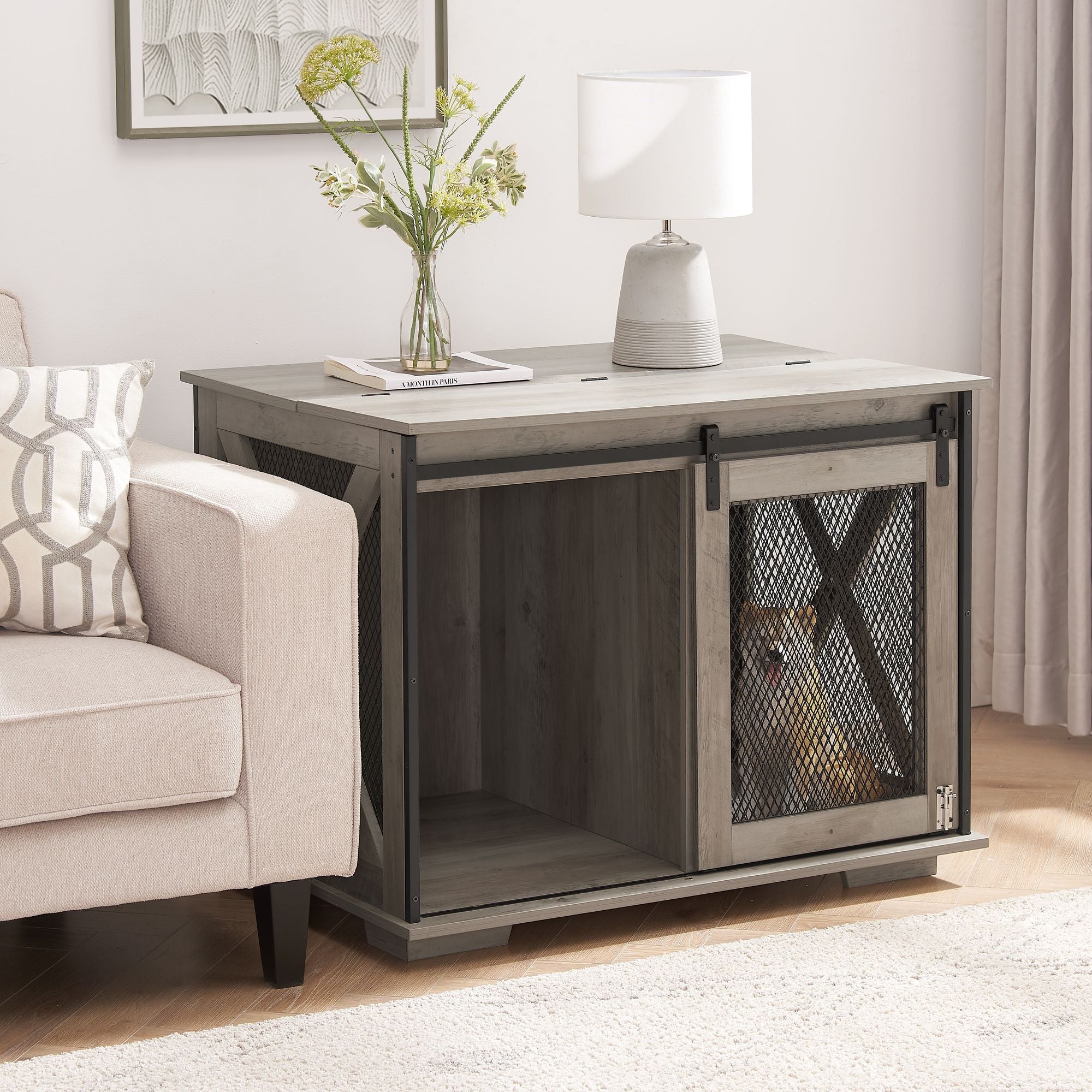 Stylish Farmhouse Dog Crate Furniture with Sliding Barn Door – A Cozy Retreat for Your Pup