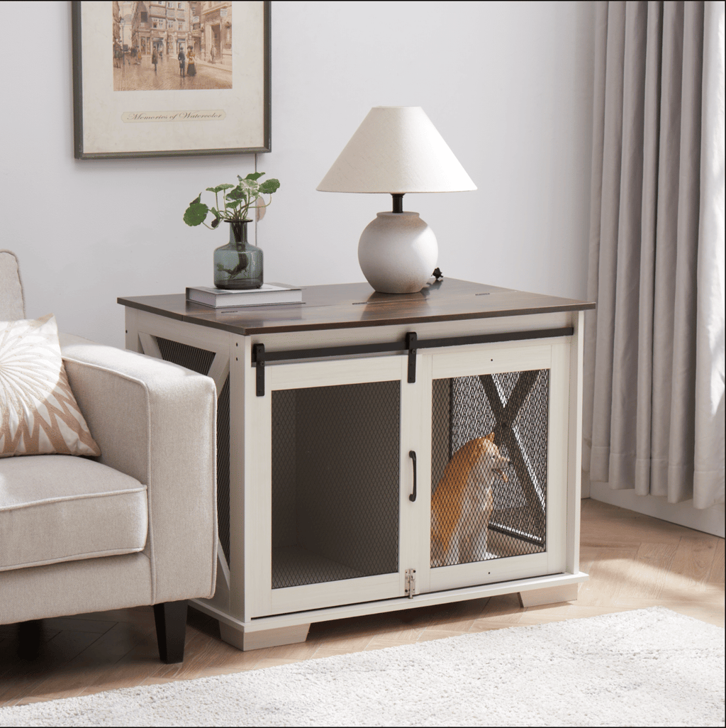 Stylish Farmhouse Dog Crate Furniture with Sliding Barn Door – A Cozy Retreat for Your Pup