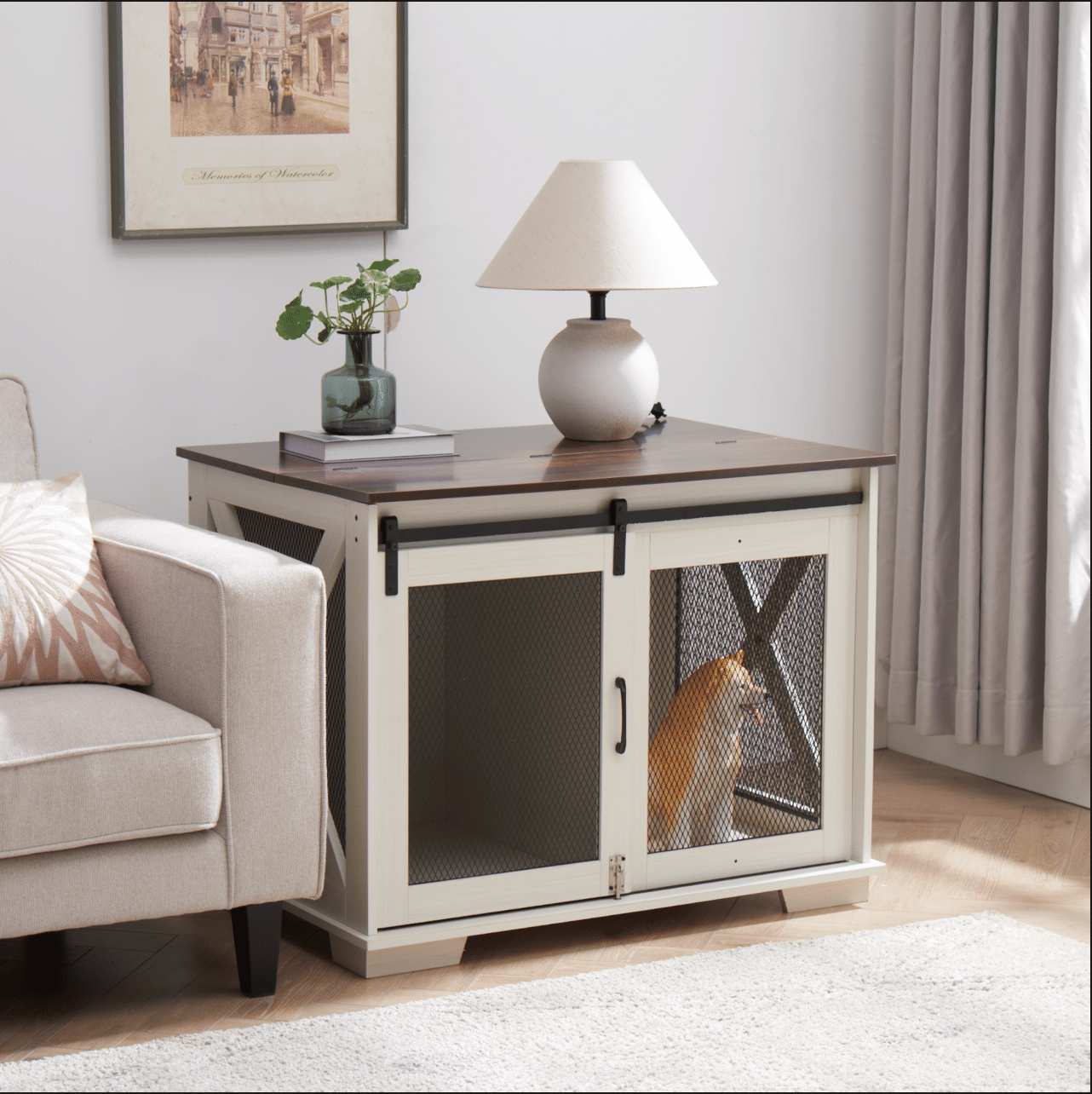 Stylish Farmhouse Dog Crate Furniture with Sliding Barn Door – A Cozy Retreat for Your Pup